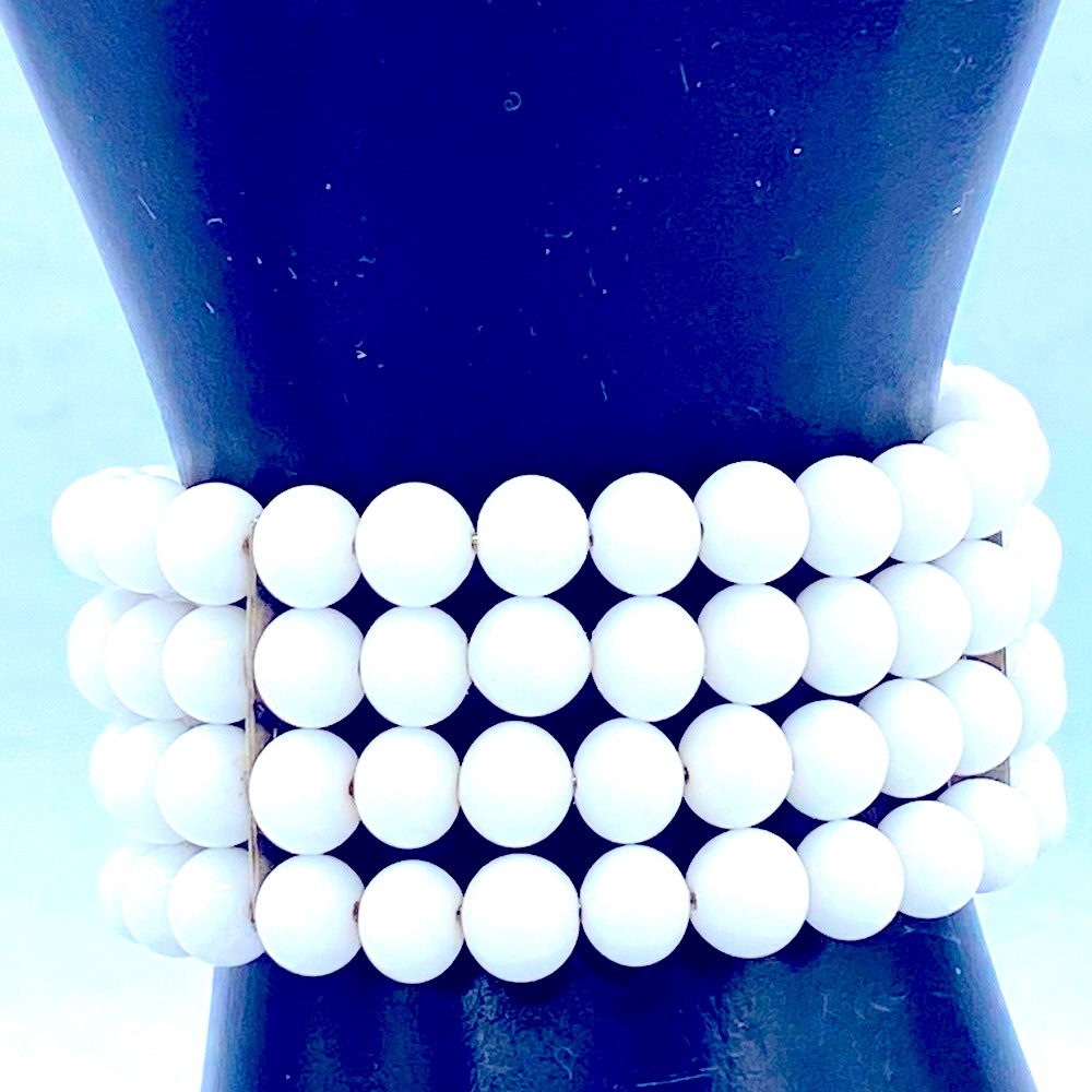 Vintage White Milk Glass Beaded Wire Wrap Bracelet 6” Is 1 1/4” Wide Adjustable